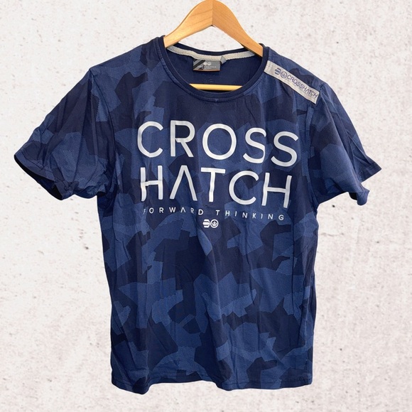 Navy Blue Short Sleeve Tee with Crew Neck and Text Design - Picture 1 of 4